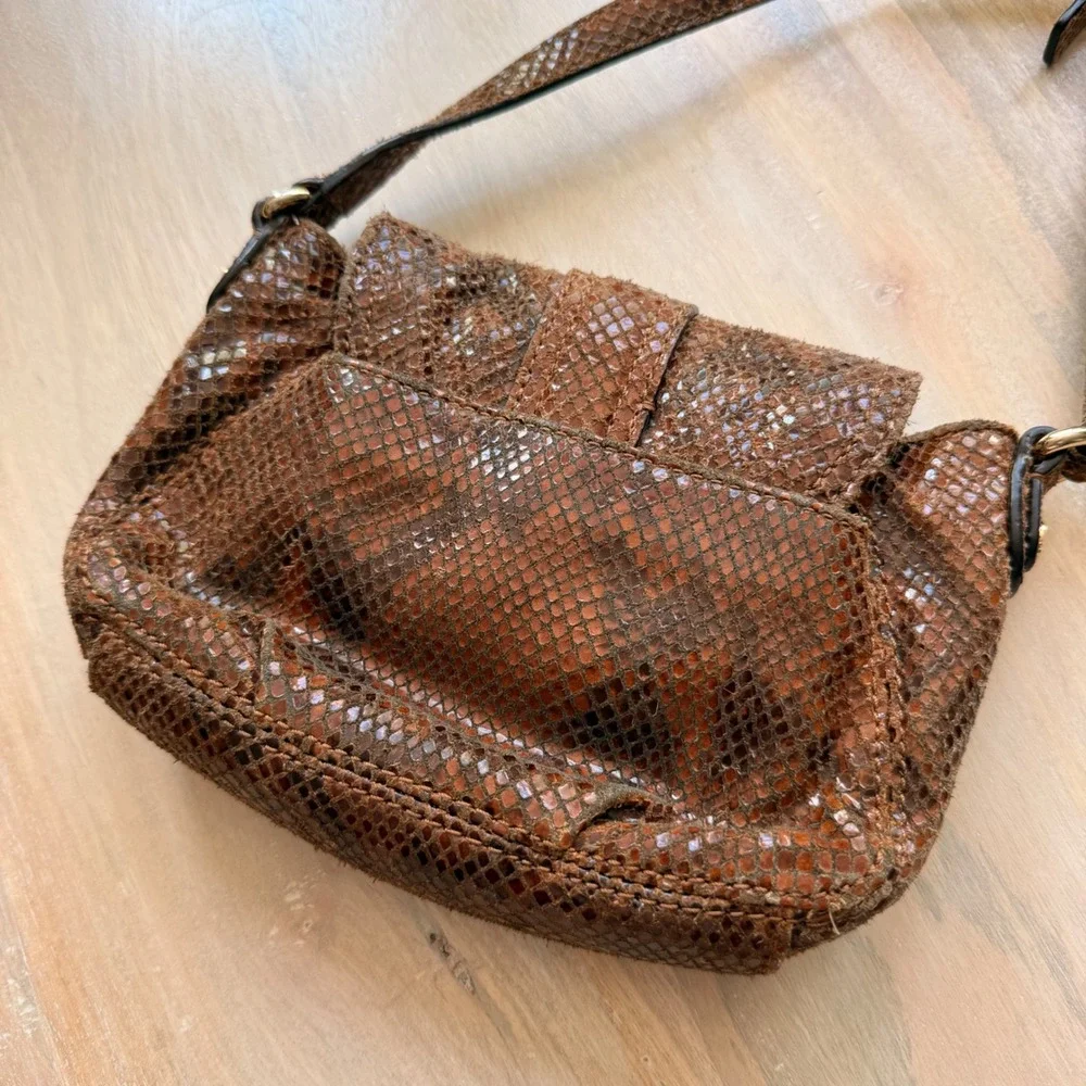 Michael Kors Crossbody Bag Womens Small Brown Snakeskin Embossed Gold Hardware